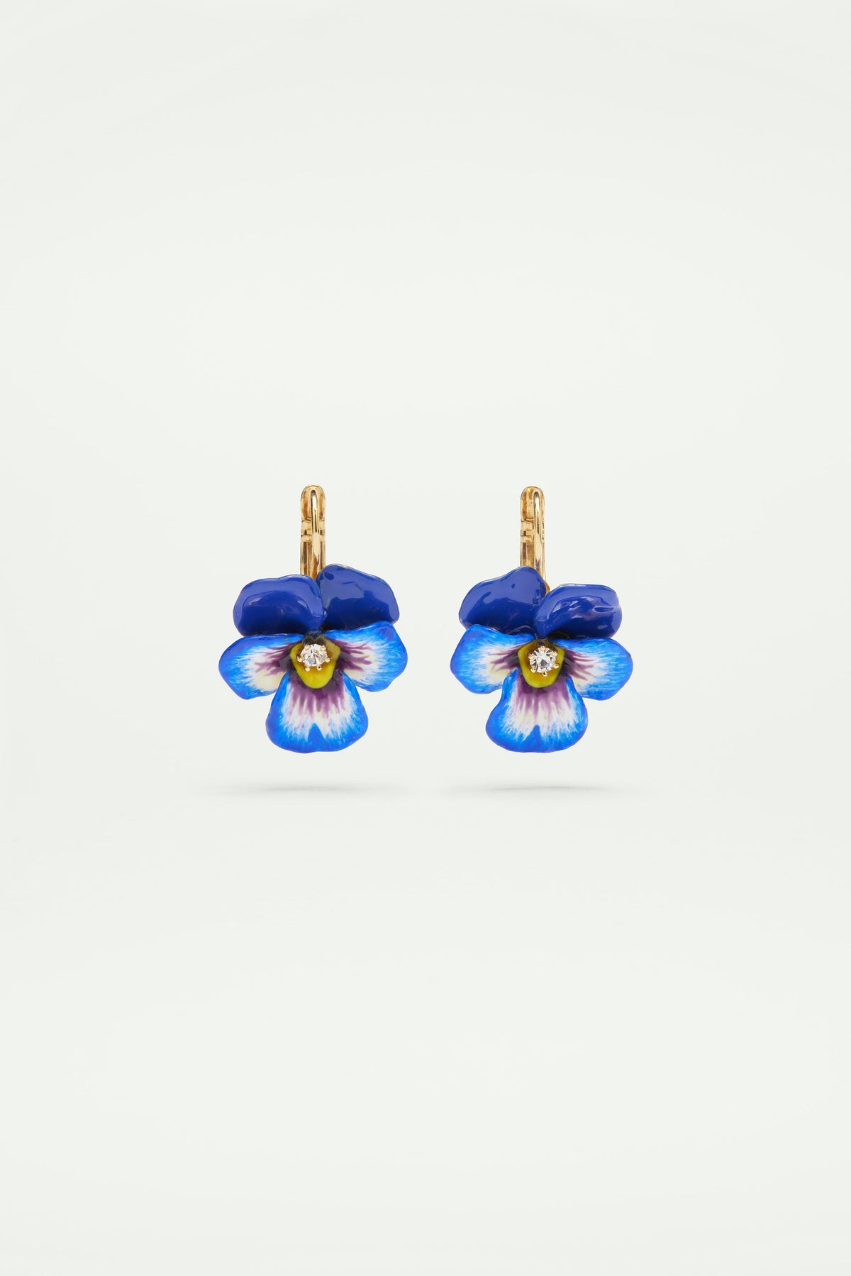 Blue pansy and faceted crystal sleeper earrings