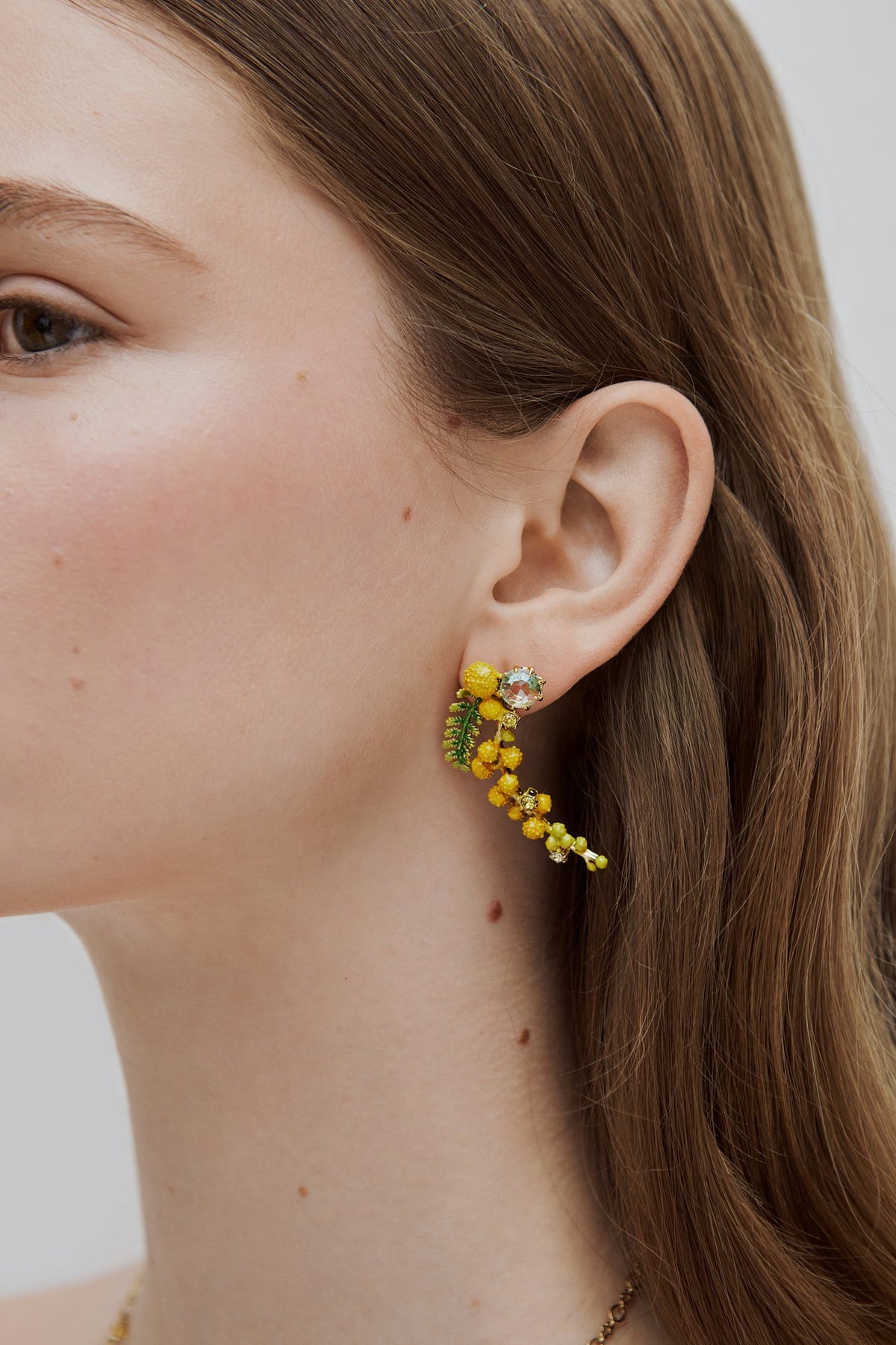 Clip Earrings JARDINS DE PROVENCE Stone & Long mimosa branch — worn by a model