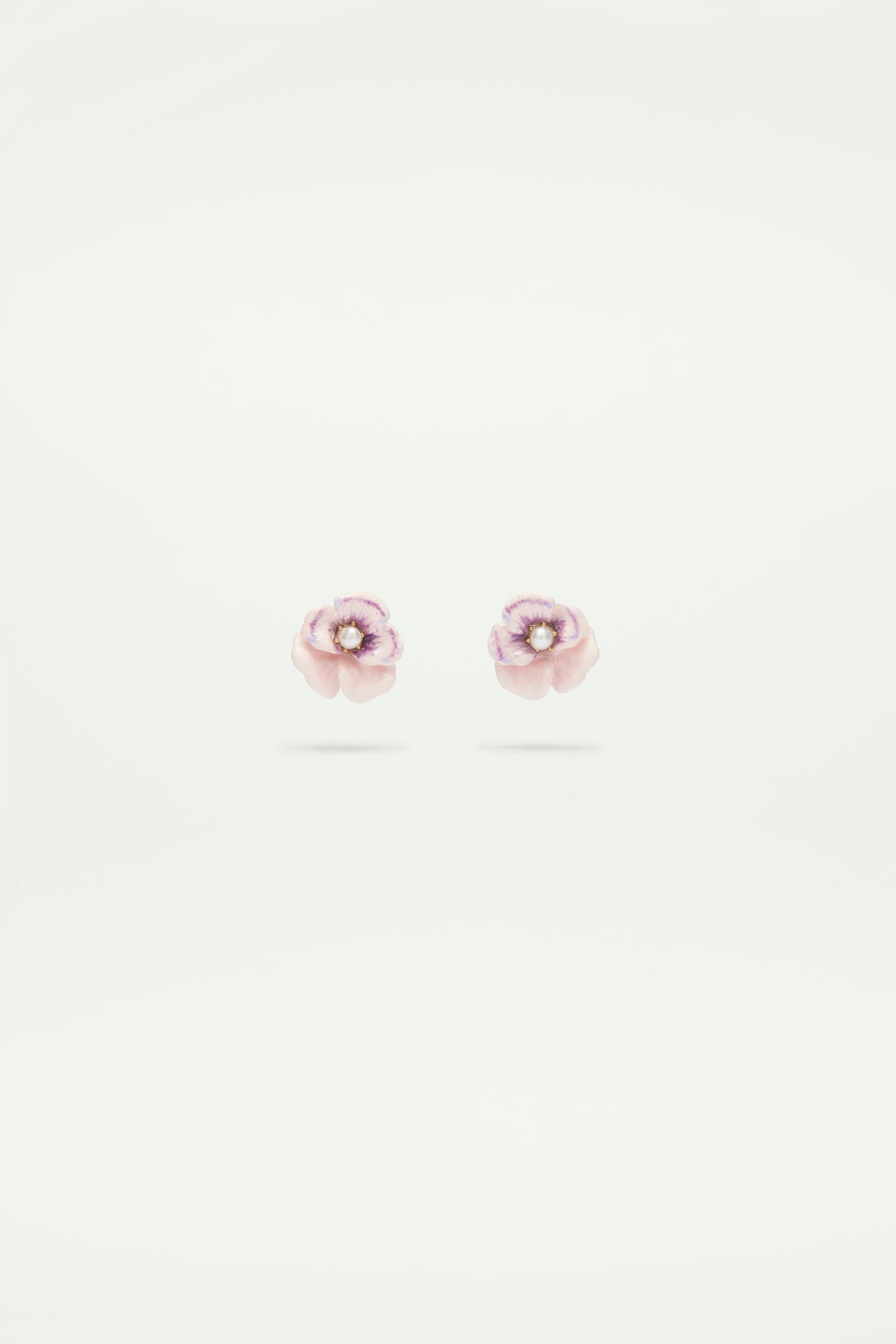 Pink pansy and freshwater pearl stud earrings