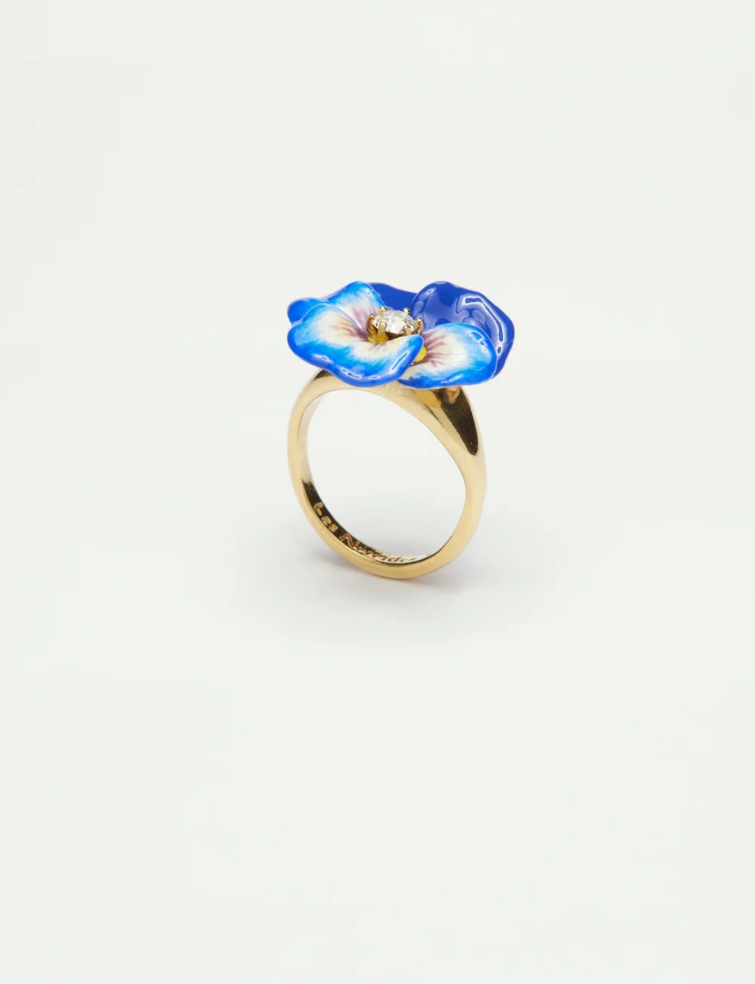 Blue pansy and faceted crystal cocktail ring