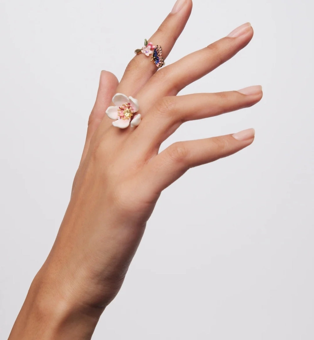Japanese white cherry blossom and petals adjustable ring